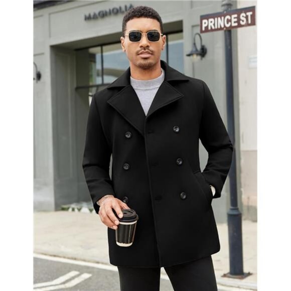 Mens Pea Coat Double Breasted Winter Overcoat Trench Coat Notched Collar - Picture 6 of 7